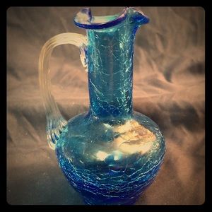Beautiful Vintage Blue Crackle Glass Vase 5" tall